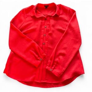 Ann Taylor Red Satin Button Down Top Size 12P Petite Long Sleeve Career Business